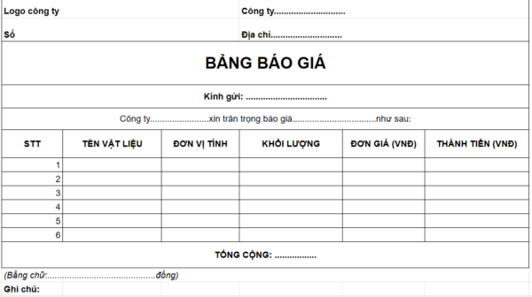 Mẫu bảng báo giá vật liệu xây dựng Mẫu bảng báo giá vật liệu xây dựng
