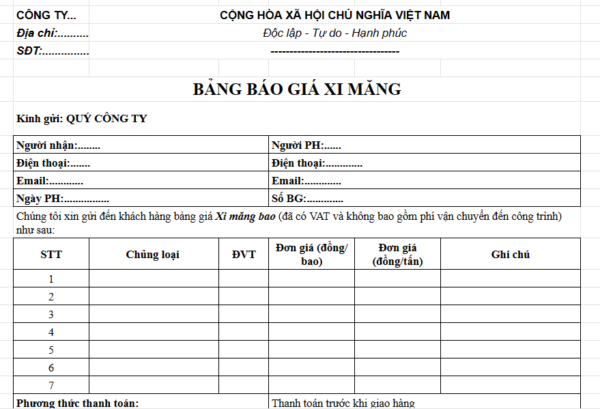 Mẫu bảng báo giá vật liệu xây dựng Mẫu bảng báo giá vật liệu xây dựng