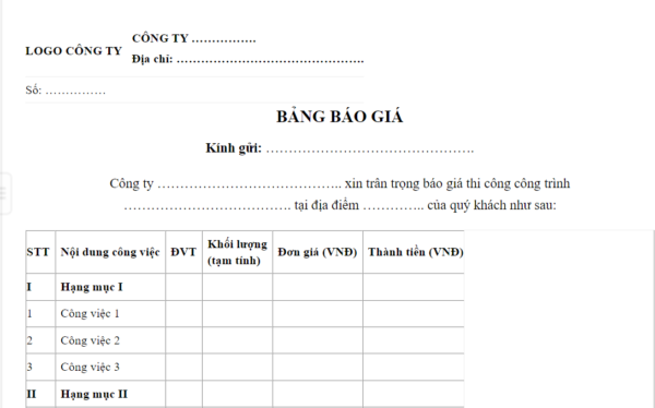 mẫu bảng báo giá vật liệu xây dựng mẫu bảng báo giá vật liệu xây dựng