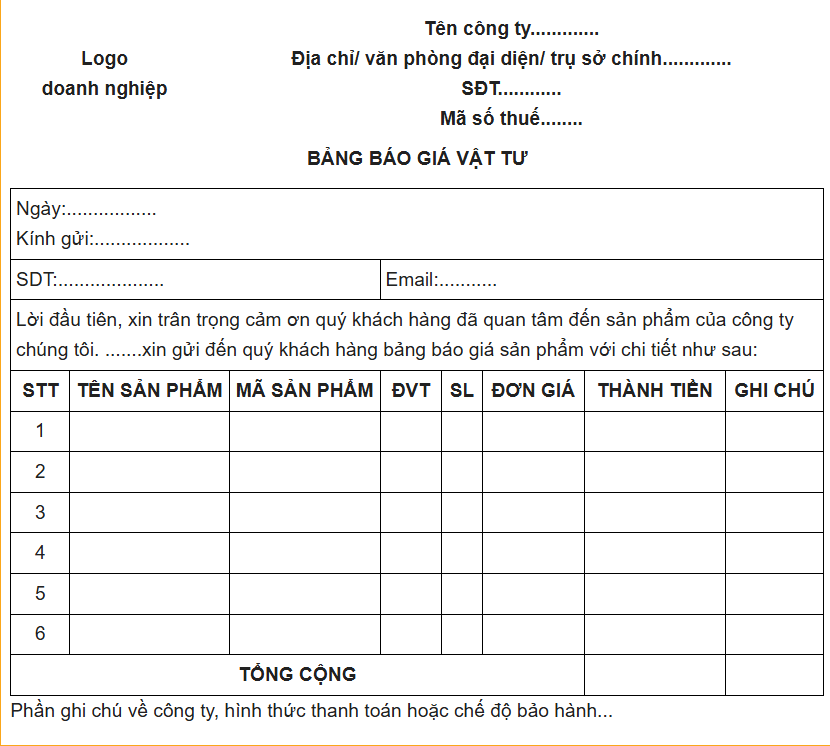 bảng báo giá vật tư bảng báo giá vật tư